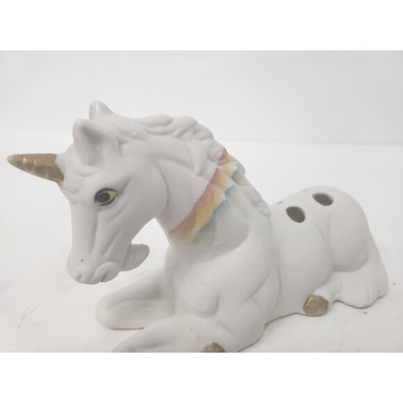 VINTAGE Rainbow Unicorn Figurine Ceramic Sitting Sculpture Matte White Gold - Picture 4 of 9